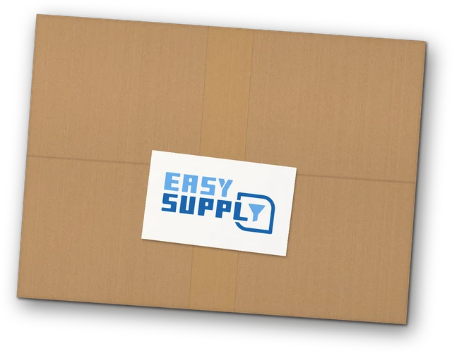 Mockup: Versandkarton von oben mit Klebeband und Etikett mit dem Easy-Supply-Logo.
