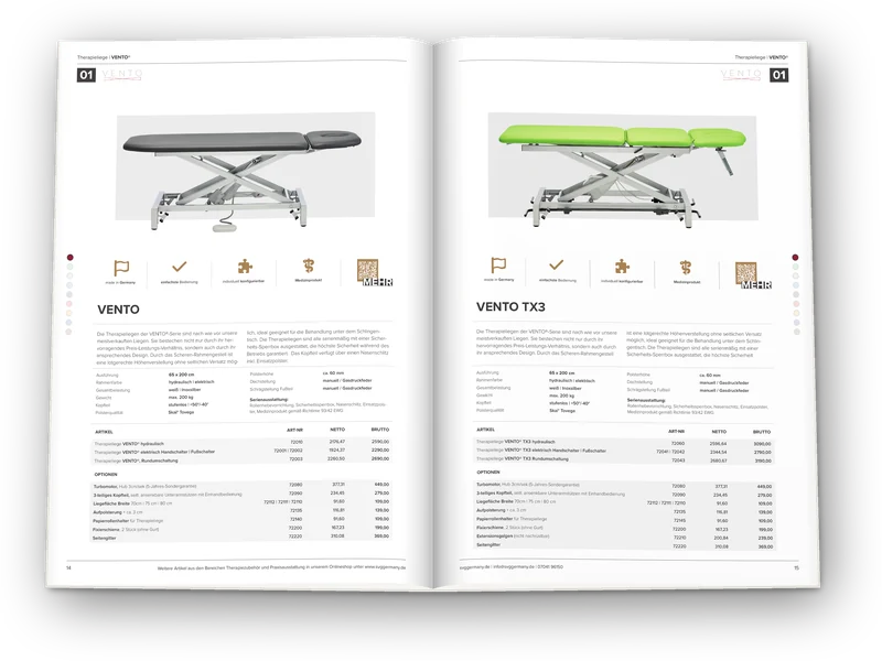 Mockup: aufgeschlagener SVG-Katalog mit den Originalseiten 14 und 15, Therapieliegen VENTO und VENTO TX3.