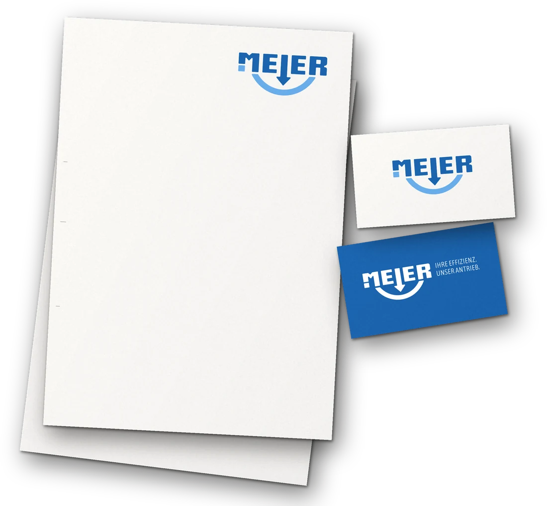 Mockup: Briefbogen und Visitenkarten mit dem neuen Meier-Logo.