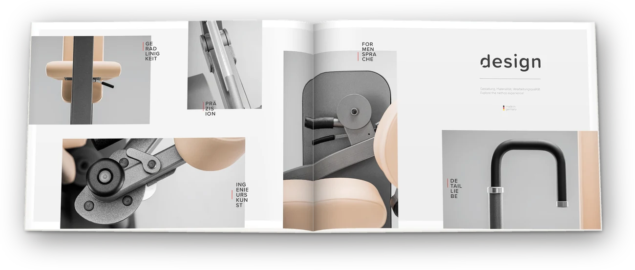 Mockup: aufgeschlagene nethos-Broschüre mit der Originaldoppelseite „design“, freigestellt.