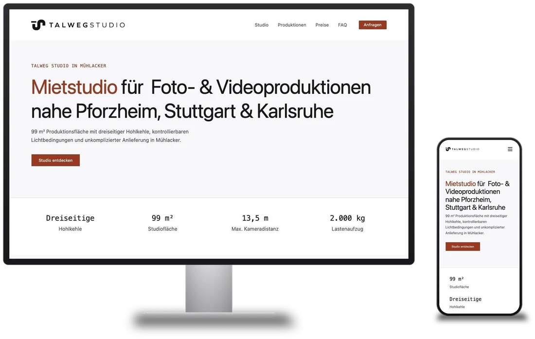 Mockup: Startseite talwegstudio.de auf Monitor und Smartphone.