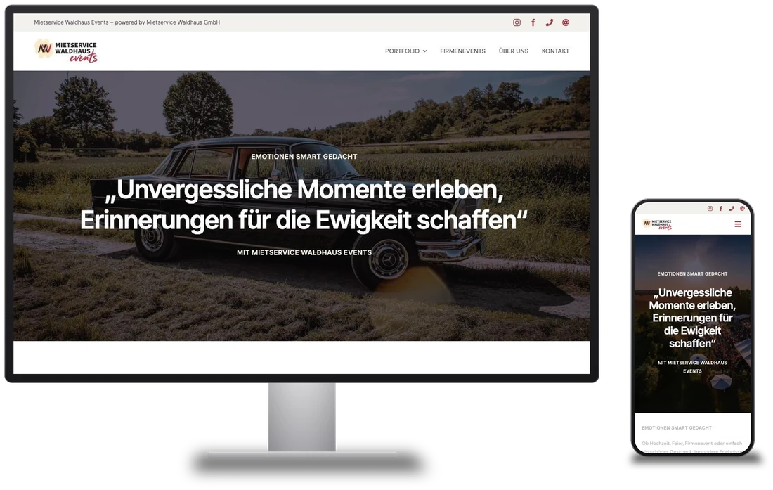 Mockup: Startseite waldhaus-events.de auf Monitor und Smartphone.