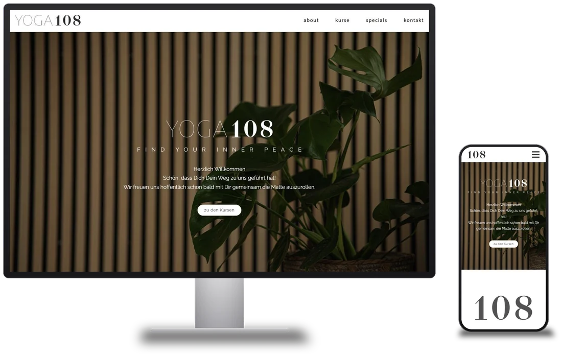 Mockup: Startseite yoga-1-0-8.de auf Monitor und Smartphone.