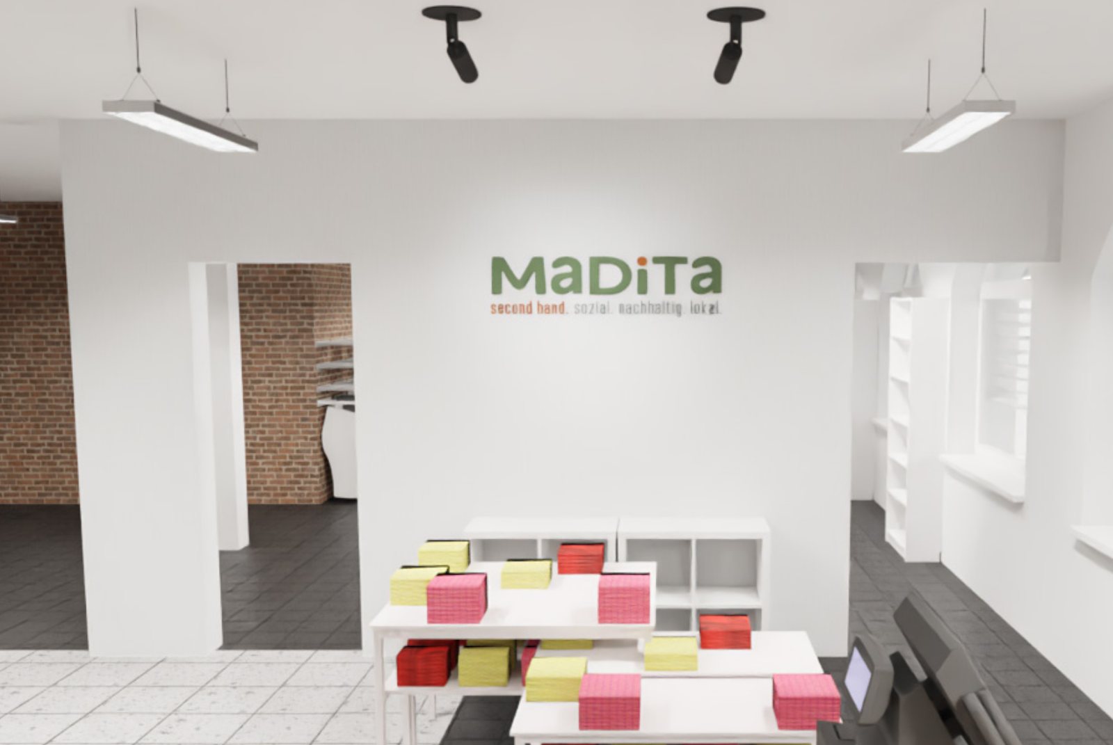 Visualisierung eines Ladenraums mit dem Madita-Logo an der Wand.