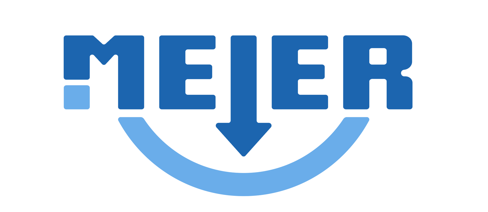 Neues Meier-Logo mit eckigem Punkt und hellblauem Bogen.