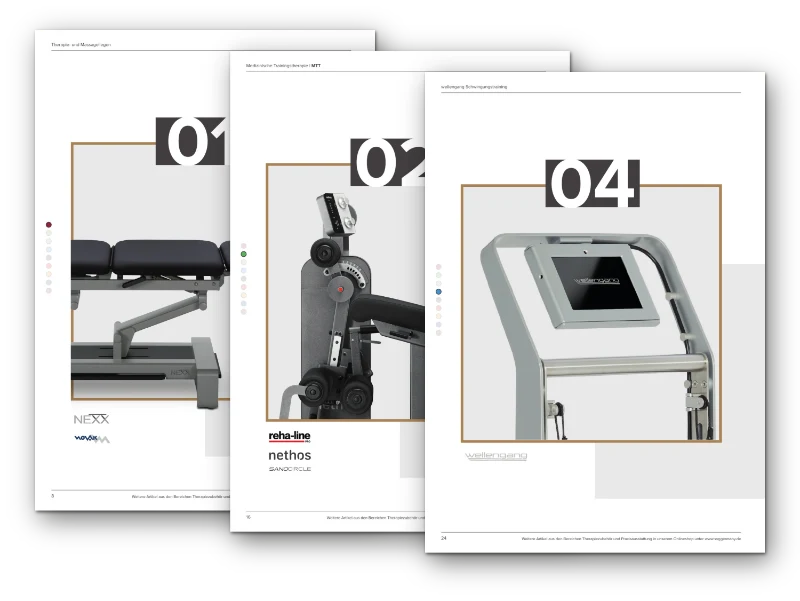 Präsentation: drei Kapitelauftakte aus dem SVG-Katalog (01 Therapie- und Massageliegen, 02 Medizinische Trainingstherapie, 04 wellengang Schwingungstraining), flach gestaffelt.