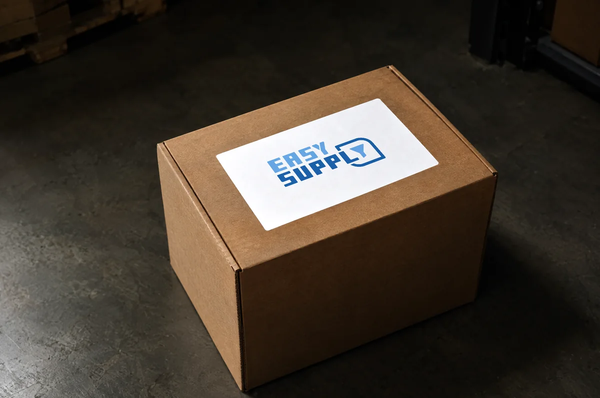Mockup: Versandkarton mit Etikett und Easy-Supply-Logo.