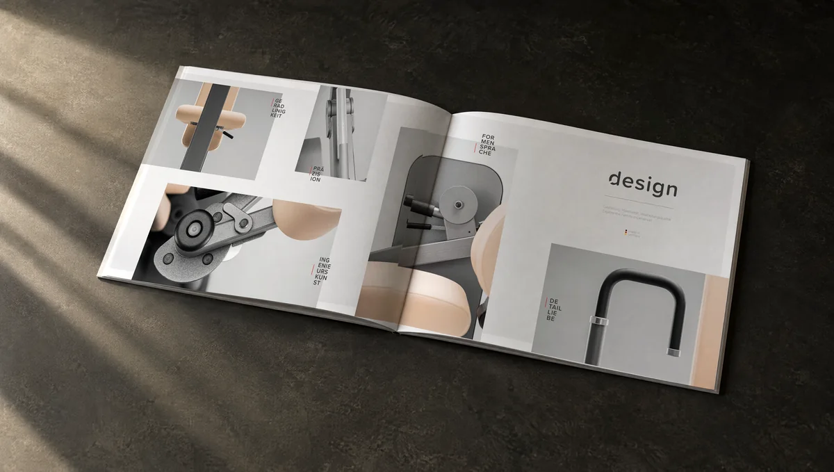 Mockup: aufgeschlagene nethos-Broschüre mit der Originaldoppelseite „design“ auf einem dunklen Steintisch.