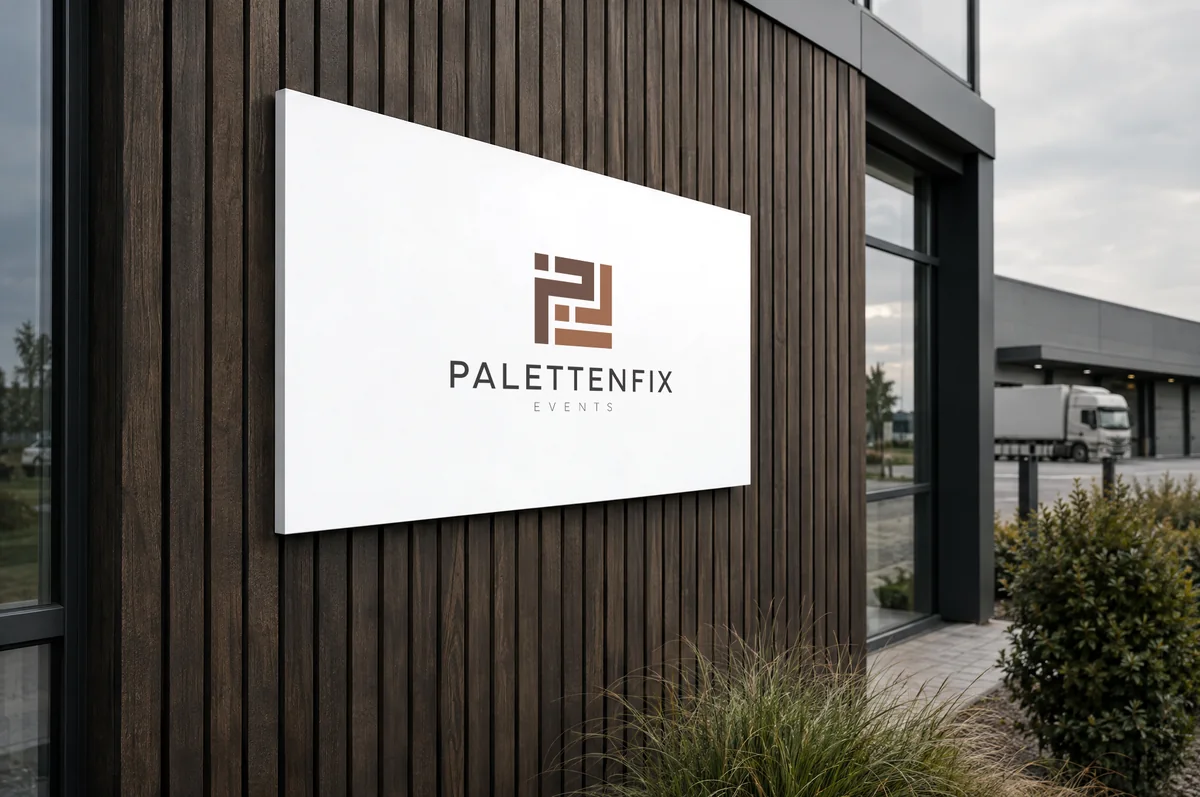 Mockup: weißes Fassadenschild mit dem Palettenfix-Logo an einer dunklen Holzfassade.