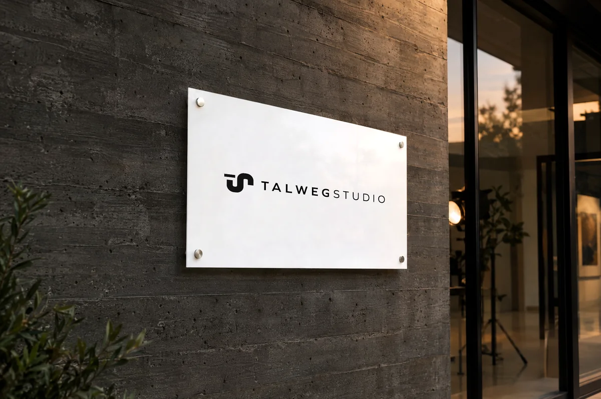 Mockup: weißes Acrylschild mit dem Talweg-Studio-Logo an einer Betonwand.