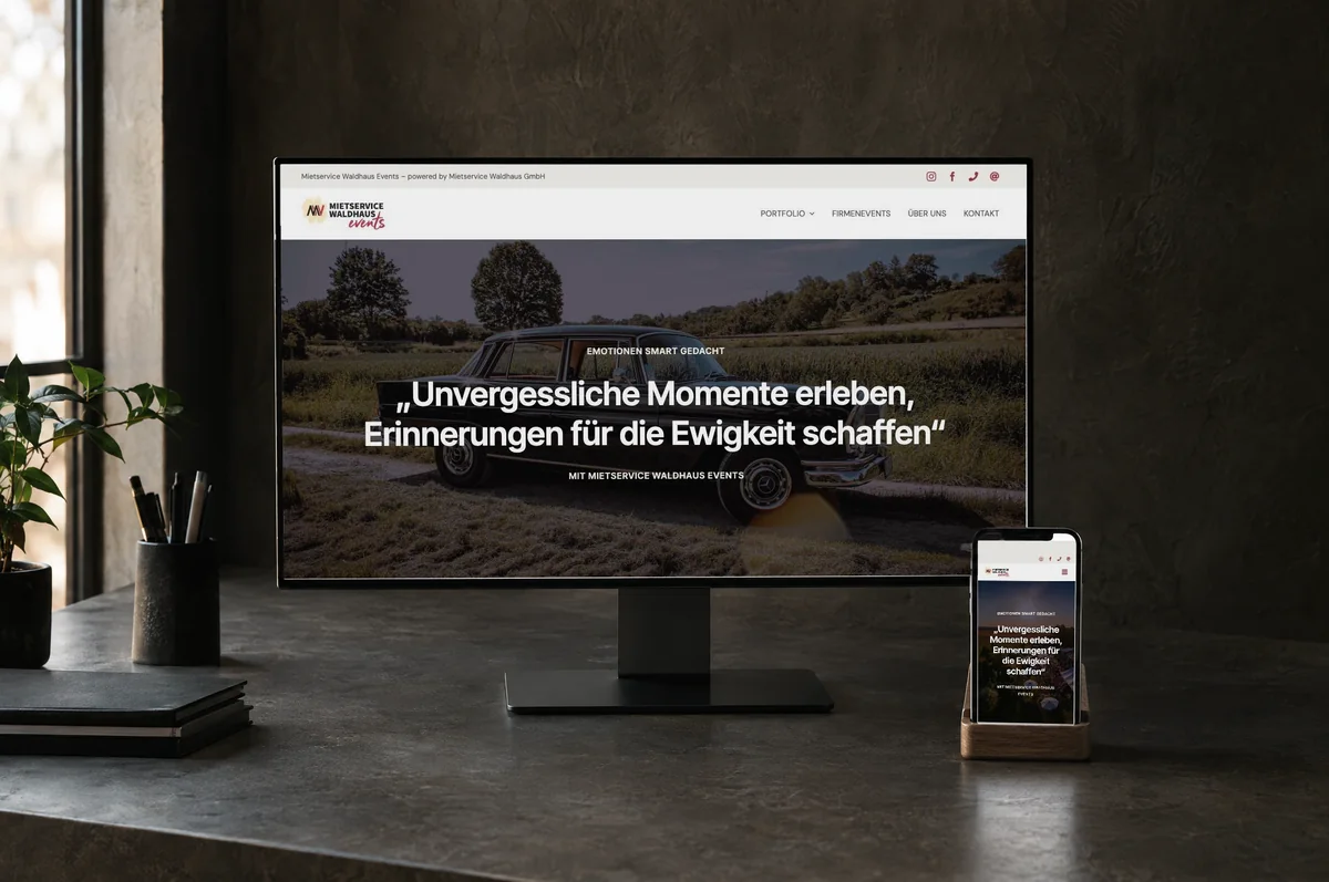 Mockup: Startseite waldhaus-events.de auf Monitor und Smartphone.